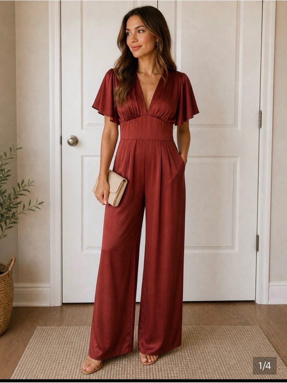 Abercrombie & Fitch Rust-Red Wide-Leg V-Neck Jumpsuit